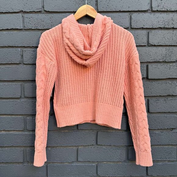 Derek Heart Chunky Chenille Cable Knit Cardigan Sweater Hooded S Coral Button Up - Picture 2 of 15